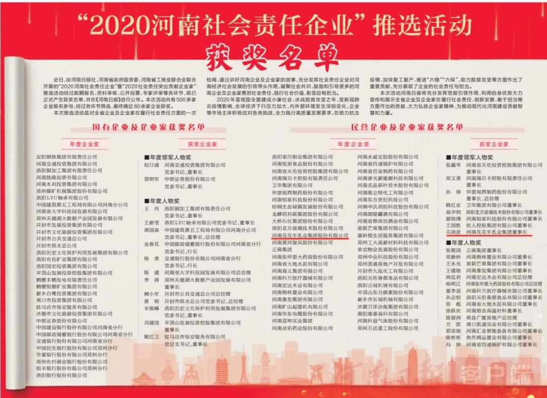 荣誉 | 好博在线_好博在线（中国）乳业集团斩获“2020河南社会责任企业”推选活动两项大奖